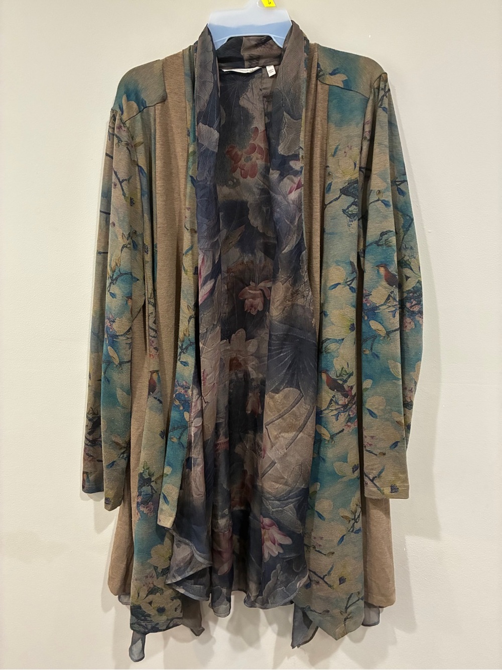 Soft Surroundings Floral Draped Open-Front Cardigan in Teal & Taupe
